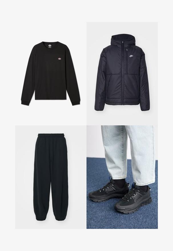 Juodas, paminkštintas Nike džemperis su priekyje užtrauktuku ir gobtuvu. Pasižymi balta logo kairėje krūtinės pusėje ir dviem priekinėmis kišenėmis. Su lygiu išoriniu paviršiumi.; Juodas ilgam rankovėmis marškinėliai iš medvilnės, su mažuoju daugiamačiu Dickies logotipu kairėje krūtinės pusėje ir timpos rankogaliais.; Juodi, su elastiniu juosmeniu sportiniai kelnės su laisvu siluetu, suapvalintais kulkšnimis, lygia tekstūra ir be matomų raštų ar metalinių akcentų.; Juodi sportiniai bateliai su tekstūruota medžiaga ir guminiais padais, su elastingomis raišteliais ir mėlynu akcentu ant kulno. Dėvimi su šviesiai mėlynomis džinsinėmis kelnėmis.