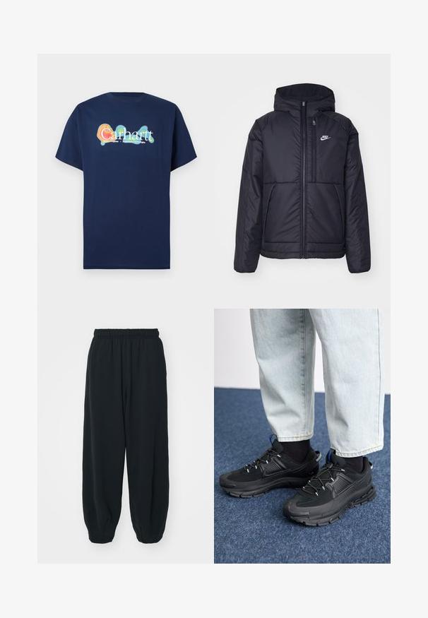 Zwarte, gewatteerde Nike-jas met een voorkant met ritssluiting en capuchon. Kenmerkt zich door een wit logo op de linkerborst en dubbele frontzakken. Gladde buitenkant.; Marineblauwe T-shirt met korte mouwen gemaakt van katoen. Heeft in het midden een kleurrijk graphic logo "Carhartt" met een gloei-effect.; Zwarte, elastiche sweatpants met een losse pasvorm, manchetten aan de enkels, een zachte textuur en zonder zichtbare patronen of hardwareaccenten.; Zwarte sportschoenen met gestructureerde stof en rubberen zolen, met elastische veters en een blauwe accent op de hiel. Draag samen met lichte spijkerbroeken.
