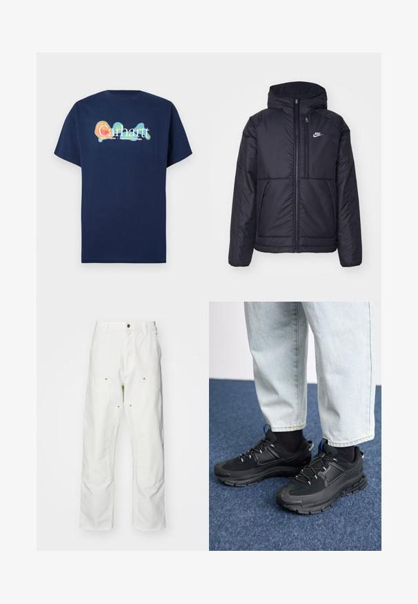 Black, padded Nike jacket with a front zipper and hood. Features a white logo on the left chest and dual front pockets. Smooth exterior texture.; Navy blue short-sleeve T-shirt made of cotton. Features a multicolored graphic logo “Carhartt” with a glow effect in the center.; White cotton cargo pants with a relaxed fit. Features include front pockets, gold hardware accents, and reinforced knee sections.; Black athletic shoes with textured fabric and rubber soles, featuring elastic laces and a blue accent on the heel. Worn with light denim pants.