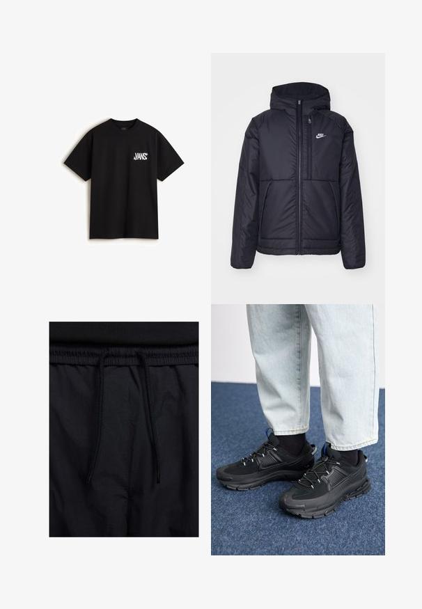 Sort, polstret Nike-jakke med frontlynlås og hætte. Har et hvidt logo på venstre bryst og to frontlommer. Glat ydre tekstur.; Vans CHAOS - T-shirts print - black; Sorte shorts med snoretræk i taljen, letvægtsstof med en glat tekstur og et simpelt design uden synlige logoer eller mønstre.; Sorte træningssko med tekstureret stof og gummisåler, udstyret med elastiske snørebånd og en blå detalje på hælen. Bæres med lyse denimbukser.