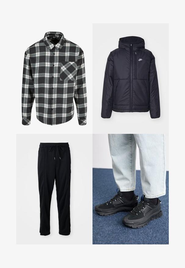 Čierna, polstrovaná bunda Nike so zipsom vpredu a kapucňou. Na ľavej strane hrude sa nachádza biele logo a sú tu dva predné vrecká. Hladký vonkajší povrch.; Károvaná košeľa v čiernej, šedej a bielej farbe. Vyrobená z flanelu, s predným zapínaním na gombíky, špicatým golierom a náprsné vrecko s rovnakým vzorom.; Čierne voľné nohavice na gumičku v páse s bočnými vreckami a rovnými nohavicami na jednoduchom pozadí.; Čierne športové topánky s textúrovanou tkaninou a gumovou podrážkou, so elastickými šnúrkami a modrým akcentom na päte. Nosia sa s svetlými riflami.