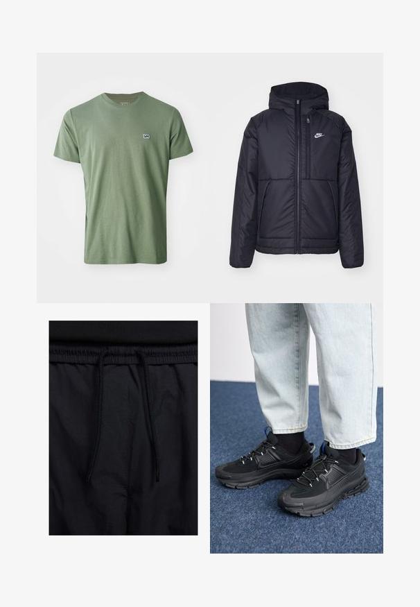 Čierna, polstrovaná bunda Nike so zipsom vpredu a kapucňou. Na ľavej strane hrude sa nachádza biele logo a sú tu dva predné vrecká. Hladký vonkajší povrch.; Lee PATCH LOGO TEE - Základné tričko - olive stone; Čierne šortky s pásom na stiahnutie, z ľahkej látky s hladkou textúrou a jednoduchým dizajnom bez viditeľných log alebo vzorov.; Čierne športové topánky s textúrovanou tkaninou a gumovou podrážkou, so elastickými šnúrkami a modrým akcentom na päte. Nosia sa s svetlými riflami.