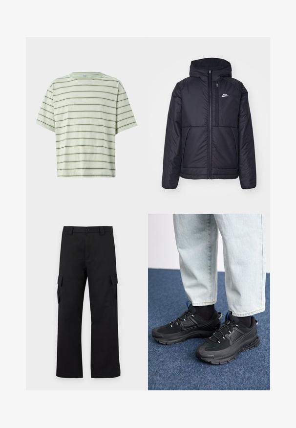 Crna Nike jakna s podstavom, dugmadi sprijeda i kapuljačom. Ima bijeli logotip na lijevoj strani prsnog koša i dva prednja džepa. Glatka vanjska tekstura.; Zelena prugasta majica kratkih rukava. Vertikalne i horizontalne pruge se smjenjuju u mekom, teksturiranom materijalu. Dizajn s okruglim izrezom.; Crne cargo hlače ravnog kroja. Izrađene od izdržljivog materijala, s dva bočna džepa s preklopima i zaštitnim gumbom.; Crne atletske cipele s teksturiranom tkaninom i gumene potplate, s elastičnim vezicama i plavim akcentom na peti. Nosene su s svijetlim trapericama.