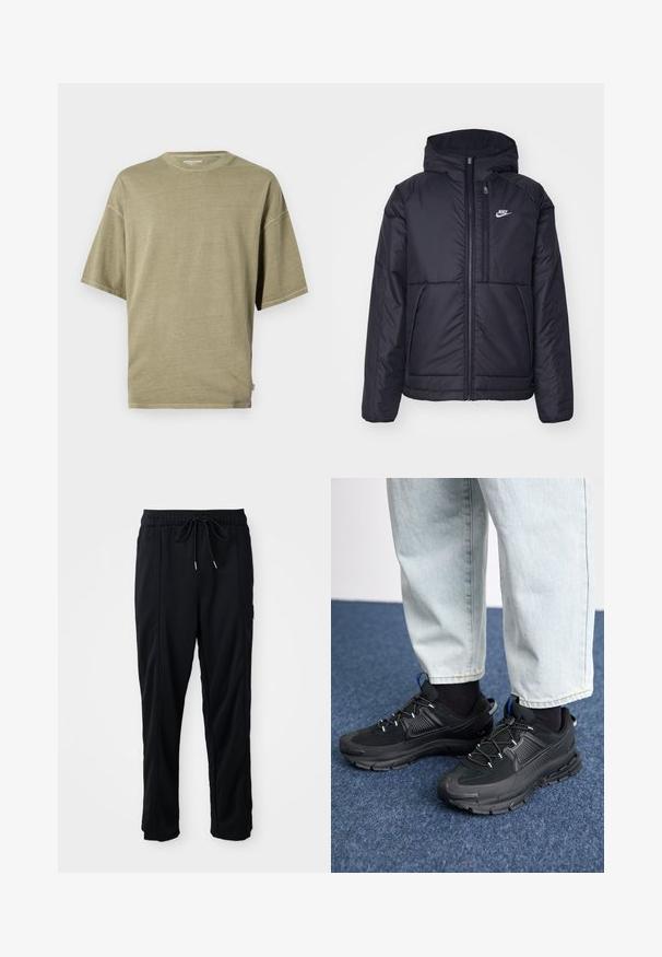 Black, padded Nike jacket with a front zipper and hood. Features a white logo on the left chest and dual front pockets. Smooth exterior texture.; Olive green short-sleeve t-shirt made of soft fabric, featuring a round neckline and a relaxed fit with stitched hems.; Black drawstring waist casual pants with side seam pockets and straight leg cut on a plain background.; Black athletic shoes with textured fabric and rubber soles, featuring elastic laces and a blue accent on the heel. Worn with light denim pants.