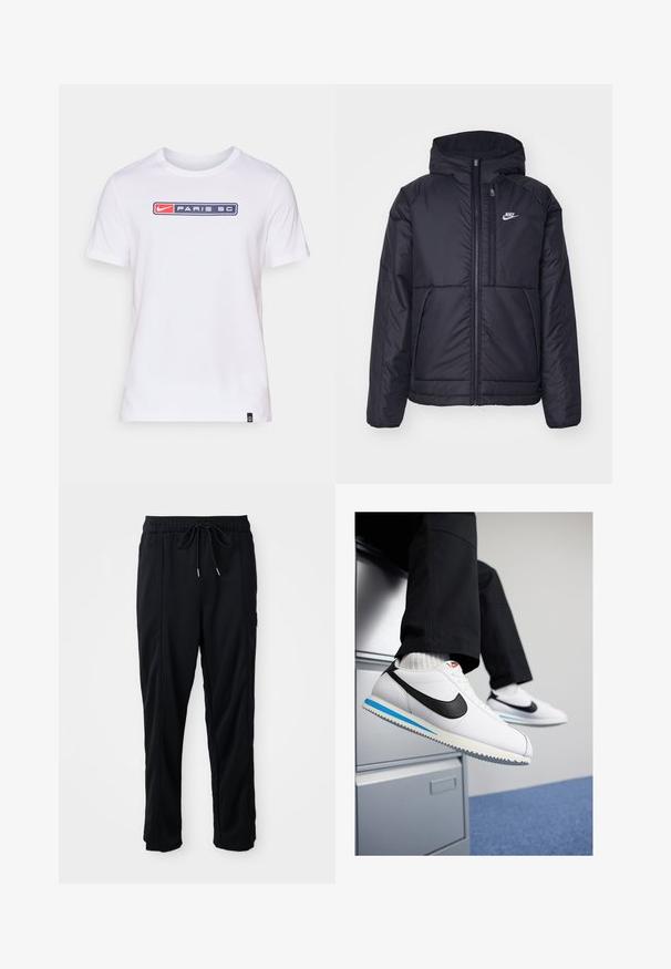 Juodas, paminkštintas Nike džemperis su priekyje užtrauktuku ir gobtuvu. Pasižymi balta logo kairėje krūtinės pusėje ir dviem priekinėmis kišenėmis. Su lygiu išoriniu paviršiumi.; Balta medvilninė marškinėlių su trumpomis rankovėmis, kuriuose priekyje yra mėlynos kvadratinės grafikos su užrašais "NIKE" ir "PARIS SC" raudonos ir baltos spalvų.; Juodos laisvos kelnės su raišteliu liemens, šoninėmis kišenėmis ir tiesiu kirpimu ant vienodos fono.; Baltos odinės sportbačiai su juodu Nike logotipu, šviesiai mėlyna ir pilka guma padais bei klasikiniu raištelių dizainu. Kojos remiasi į dokumentų spintą.
