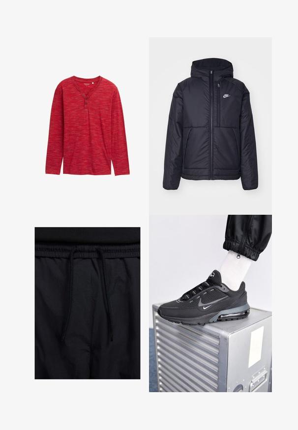 Giacca Nike nera, imbottita, con zip frontale e cappuccio. Presenta un logo bianco sul lato sinistro del petto e doppie tasche frontali. Texture esterna liscia.; Maglietta henley rossa a maniche lunghe realizzata in tessuto testurizzato, con scollo a V, tre bottoni e una vestibilità rilassata con orli rifiniti.; Shorts neri con vita regolabile tramite coulisse, tessuto leggero con una texture liscia e un design semplice senza loghi o motivi visibili.; Nike Sportswear PULSE - Sneakers basse - black/anthracite