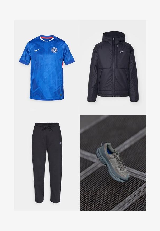 Schwarze, gepolsterte Nike-Jacke mit Frontreißverschluss und Kapuze. Hat ein weißes Logo auf der linken Brust und zwei Fronttaschen. Glattes äußeres Material.; Blaues Nike-Fußballtrikot mit geometrischem Muster, kurzen Ärmeln, V-Ausschnitt und Chelsea FC-Abzeichen auf der linken Brust; mit roten Akzenten.; Schwarze Sweatpants aus weichem Stoff mit elastischem Bund, Kordelzug und kleinem Nike-Logo auf dem linken Oberschenkel.; Beige und graue Sportschuhe mit strukturiertem Mesh-Obermaterial, runder Zehenkappe und Gummisohle, ausgestattet mit Schnürsenkeln und einem gepolsterten Schaft.