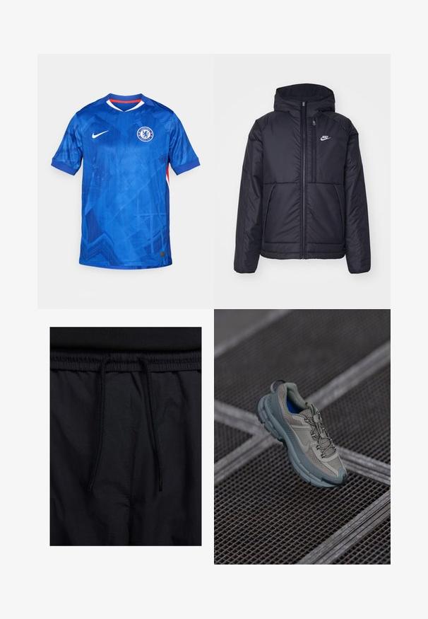 Veste Nike noire rembourrée avec une fermeture éclair sur le devant et une capuche. Elle présente un logo blanc sur la poitrine gauche et deux poches avant. Texture extérieure lisse.; Maillot de football Nike bleu avec un motif géométrique, manches courtes, encolure en V et insigne de Chelsea FC sur la poitrine gauche ; présente des accents rouges.; Shorts noirs avec un élastique à cordon de serrage, en tissu léger avec une texture lisse, et un design simple sans logos ni motifs visibles.; Chaussure de sport beige et grise avec une tige en maille texturée, un bout arrondi et une semelle en caoutchouc, comportant des lacets et un col rembourré.