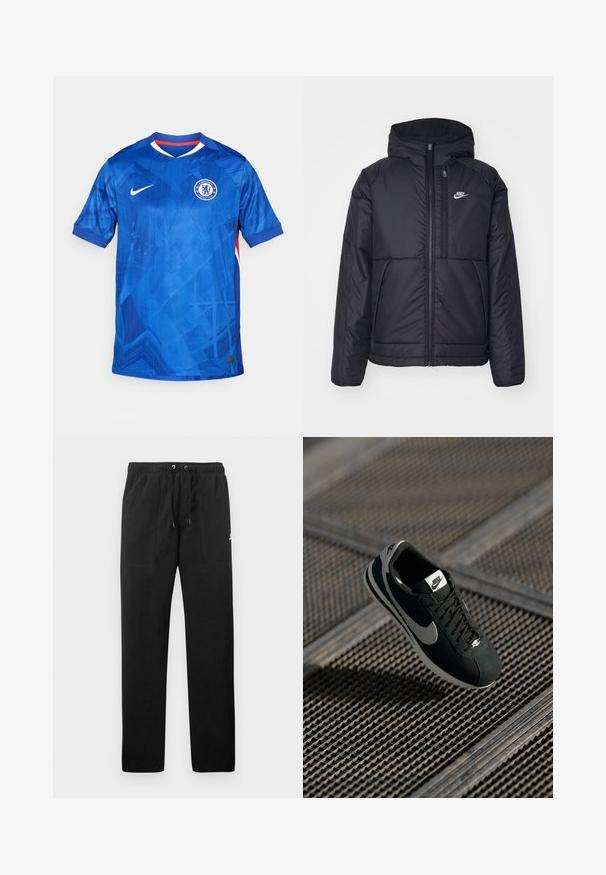 Black, padded Nike jacket with a front zipper and hood. Features a white logo on the left chest and dual front pockets. Smooth exterior texture.; Blue Nike football jersey with a geometric pattern, short sleeves, v-neckline, and Chelsea FC badge on the left chest; features red accents.; Black sweatpants made of fleece, featuring an elastic waistband with drawstrings, two front pockets, and a small logo on the thigh.; Black Nike sneaker with grey accents, suede and mesh materials, textured sole, narrow shape, and classic lace-up design.