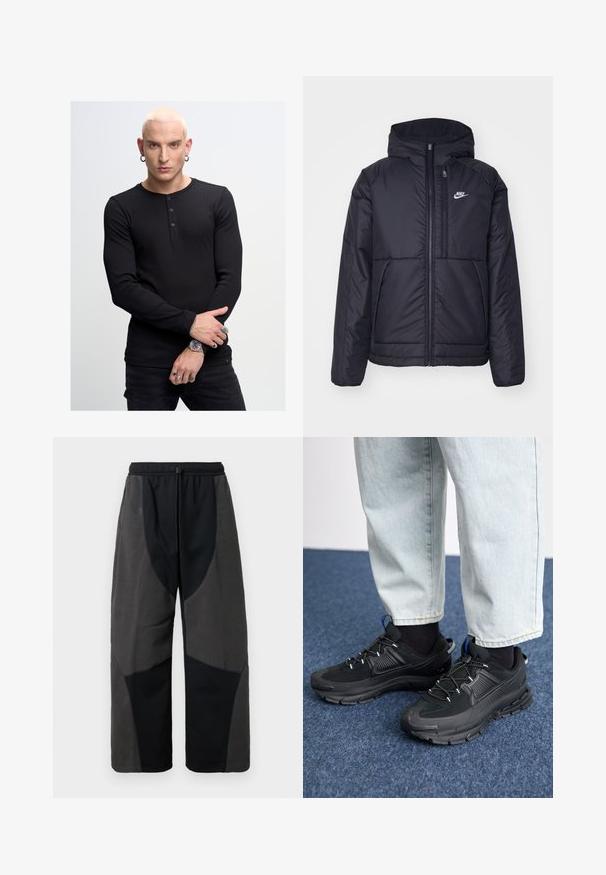 Black, padded Nike jacket with a front zipper and hood. Features a white logo on the left chest and dual front pockets. Smooth exterior texture.; Black long-sleeve henley shirt with three buttons, ribbed texture, paired with black pants. Notable hand jewelry includes rings and a watch.; Fleece-accented black pants with a relaxed fit, featuring contrasting dark gray fabric panels and an adjustable drawstring waistband.; Black athletic shoes with textured fabric and rubber soles, featuring elastic laces and a blue accent on the heel. Worn with light denim pants.