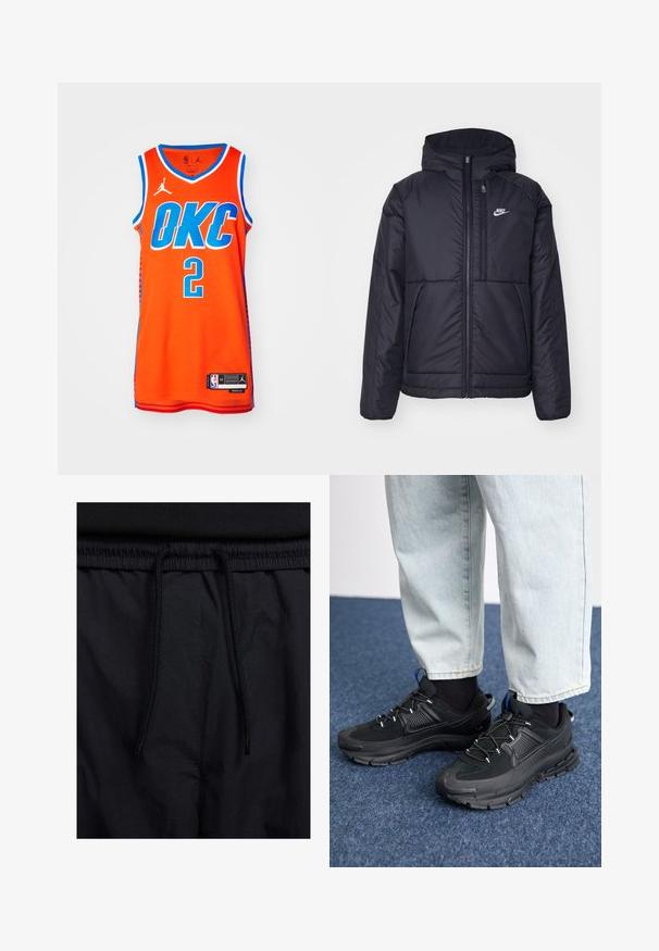 Chaqueta acolchada negra de Nike con cremallera frontal y capucha. Presenta un logo blanco en el lado izquierdo del pecho y dos bolsillos frontales. Textura exterior suave.; Camiseta de baloncesto naranja con "OKC" en letras azules, numerada "2". Textura de malla con ribete azul y logo de Jordan en el hombro.; Pantalones cortos negros con cinturilla ajustable, tejido ligero con una textura suave y un diseño sencillo sin logotipos visibles ni patrones.; Zapatillas deportivas negras con tejido texturizado y suelas de goma, con cordones elásticos y un acento azul en el talón. Combinadas con pantalones de mezclilla claros.