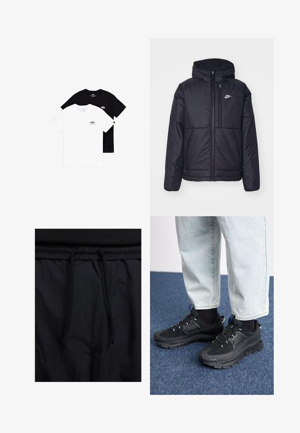 Zwarte, gewatteerde Nike-jas met een voorkant met ritssluiting en capuchon. Kenmerkt zich door een wit logo op de linkerborst en dubbele frontzakken. Gladde buitenkant.; Twee crewneck t-shirts: één wit en één zwart. Beide hebben kleine logo-accenten op de linkerborst. Gemaakt van zachte katoen.; Zwarte shorts met een drawstring tailleband, lichtgewicht stof met een zachte textuur en een eenvoudig ontwerp zonder zichtbare logo's of patronen.; Zwarte sportschoenen met gestructureerde stof en rubberen zolen, met elastische veters en een blauwe accent op de hiel. Draag samen met lichte spijkerbroeken.