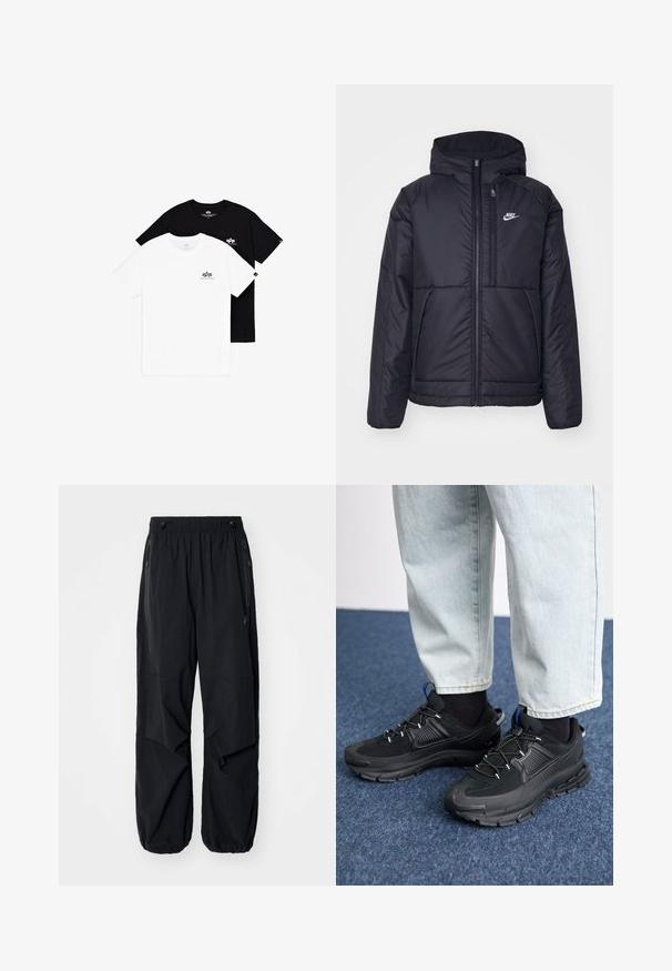 Jachetă Nike neagră, căptușită, cu fermoar pe față și glugă. Prezintă un logo alb pe pieptul stâng și două buzunare frontale. Textură exterioară netedă.; Două tricouri cu guler rotund: unul alb și unul negru. Ambele au accente cu logo mic pe pieptul stâng. Realizate dintr-un material de bumbac moale.; Pantaloni cargo ușori negri, cu talie elastică, fermoare laterale și buzunare încăpătoare. Au un croi lejer și manșete evazate.; Pantofi sport negri, cu țesătură texturată și tălpi din cauciuc, având șireturi elastice și un accent albastru pe toc. Purtați cu pantaloni din denim deschis.