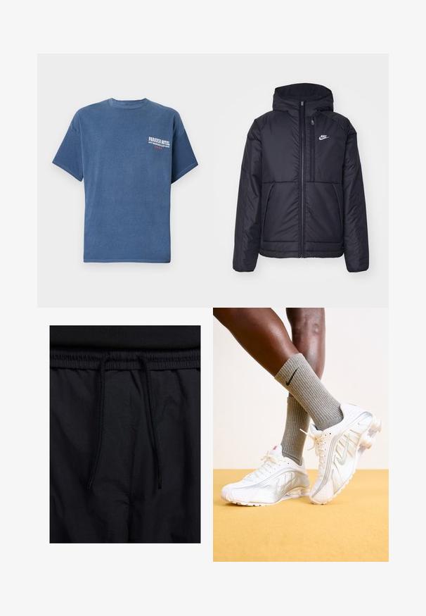 Čierna, polstrovaná bunda Nike so zipsom vpredu a kapucňou. Na ľavej strane hrude sa nachádza biele logo a sú tu dva predné vrecká. Hladký vonkajší povrch.; Modrá voľná tričko vyrobené z bavlny, s krátkymi rukávmi a okrúhlym výstrihom; má na ľavej hrudi potlačené logo "Paradiso Hotel".; Čierne šortky s pásom na stiahnutie, z ľahkej látky s hladkou textúrou a jednoduchým dizajnom bez viditeľných log alebo vzorov.; Biele tenisky Nike so striebornými akcentmi, vybavené textúrovanými panelmi a perforáciami. Spárované so šedými rebrovanými ponožkami, umiestnené na žltom pozadí.