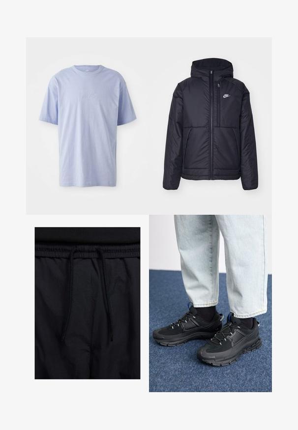 Črna, podložena Nike jakna z sprednjim zadrgo in kapuco. Ima bel logo na levem prsnem delu in dvojna sprednja žepa. Gladka zunanja tekstura.; Svijetloplava pamučna majica s okruglim izrezom i kratkim rukavima. Na prednjem dijelu se nalazi utisnuti "nike" logo u središtu. Mekana tekstura.; Črne kratke hlače z vrvico v pasu, lahkotna tkanina z gladko teksturo in preprosto zasnovo brez vidnih logotipov ali vzorcev.; Črne športne čevlje z teksturirano tkanino in gumijastimi podplati, ki imajo elastične vezalke ter modre poudarke na peti. Nosi se z lahkimi denim hlačami.