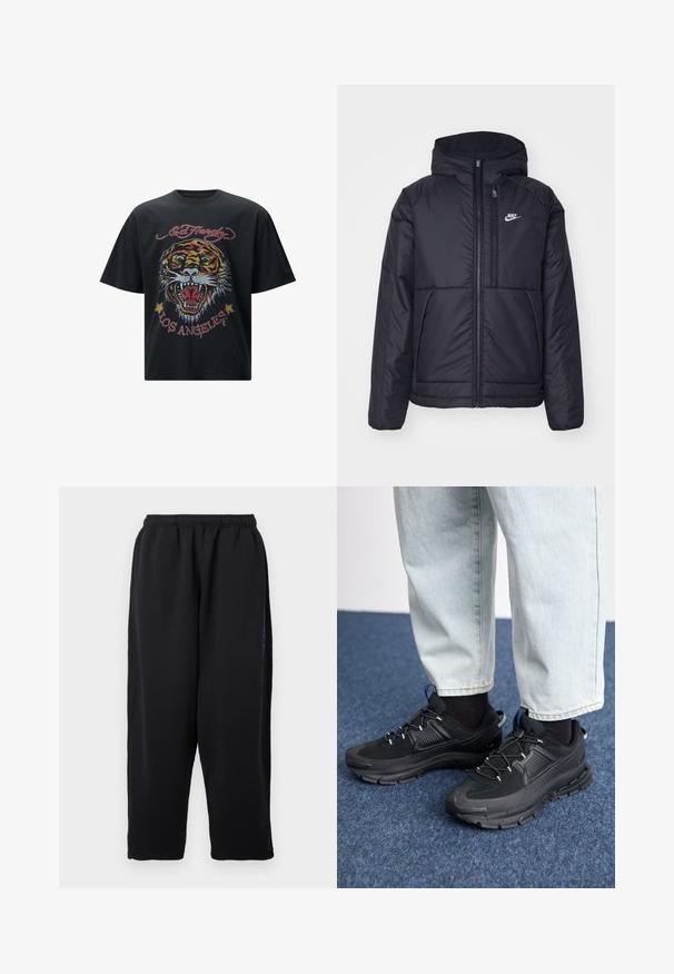 Musta, pehmustettu Nike-takki, jossa on etuvetoketju ja huppu. Vasemmassa rinnassa on valkoinen logo ja takissa on kaksinkertaiset etutaskut. Pintakoe on sileä.; Musta lyhythihainen t-paita, jossa on suuri, värikäs tiikerigrafiikka, punaista ja keltaista korostusta, ja teksti "Ed Hardy Los Angeles".; Mustat housut pehmeästä kankaasta, joissa on joustava vyötärönauha, leveät lahkeet ja sivutaskut, joissa on hillityt siniset yksityiskohdat.; Mustat urheilukengät, joissa on teksturoitu kangas ja kumipohjat, elastiset nauhat ja sininen yksityiskohta kannassa. Yhdistetty vaaleisiin farkkuihin.