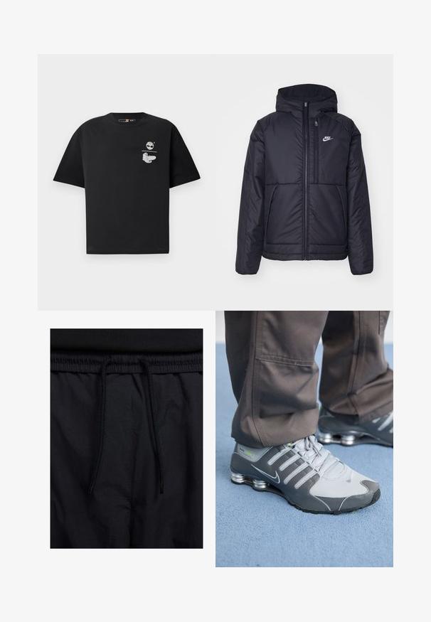 Casaco Nike preto, acolchoado, com fecho à frente e capuz. Apresenta um logo branco no lado esquerdo do peito e dois bolsos frontais. Textura exterior lisa.; T-shirt de algodão preto com mangas curtas, apresentando um logótipo branco e design gráfico no peito. Corte simples e descontraído.; Calções pretos com um cós elástico ajustável, fabricados em tecido leve com uma textura suave e um design simples, sem logótipos ou padrões visíveis.; Ténis Nike Shox cinza e prata apresentam um design elegante, com materiais em malha e sintéticos, ponta arredondada e colarinho acolchoado.