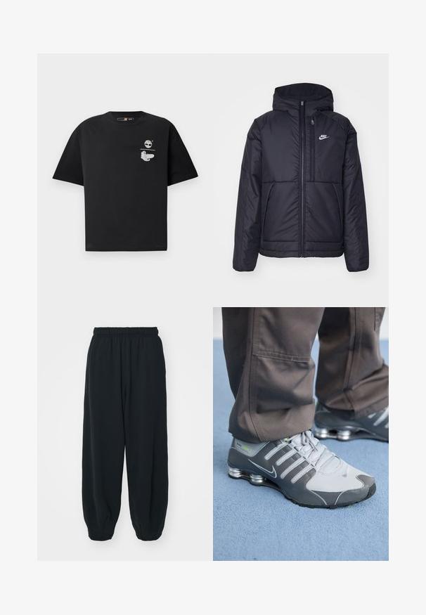 Casaco Nike preto, acolchoado, com fecho à frente e capuz. Apresenta um logo branco no lado esquerdo do peito e dois bolsos frontais. Textura exterior lisa.; T-shirt de algodão preto com mangas curtas, apresentando um logótipo branco e design gráfico no peito. Corte simples e descontraído.; Calças de fato de treino pretas, com cintura elástica e um corte solto, com punhos nas pernas, textura suave e sem padrões visíveis ou detalhes de metal.; Ténis Nike Shox cinza e prata apresentam um design elegante, com materiais em malha e sintéticos, ponta arredondada e colarinho acolchoado.
