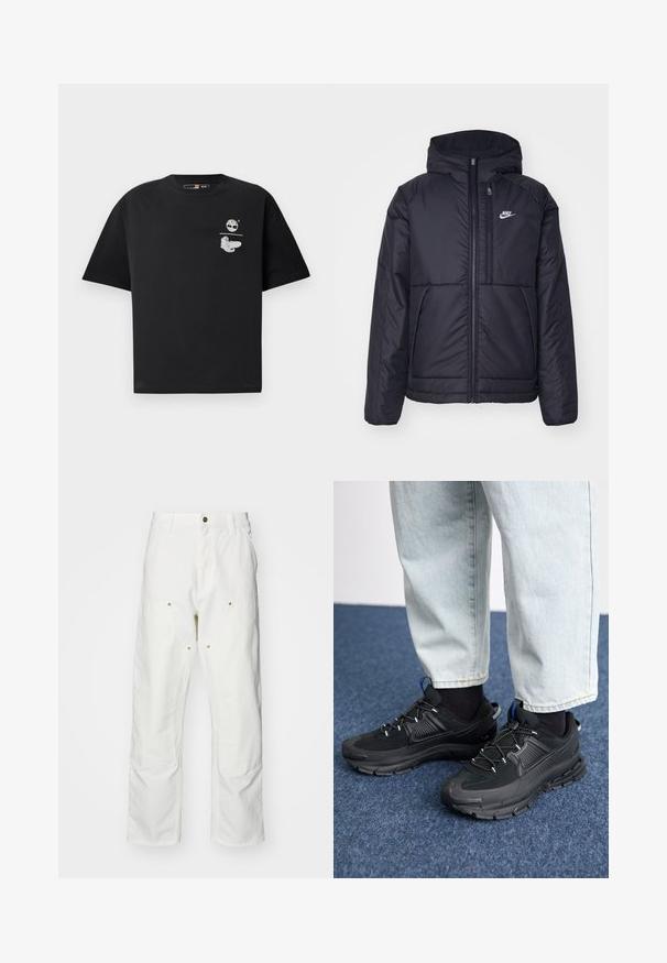 Casaco Nike preto, acolchoado, com fecho à frente e capuz. Apresenta um logo branco no lado esquerdo do peito e dois bolsos frontais. Textura exterior lisa.; T-shirt de algodão preto com mangas curtas, apresentando um logótipo branco e design gráfico no peito. Corte simples e descontraído.; Calças cargo brancas em algodão com um corte descontraído. As características incluem bolsos frontais, detalhes em metal dourado e áreas de joelhos reforçadas.; Sapatilhas desportivas pretas com tecido texturizado e solas em borracha, apresentando atacadores elásticos e um detalhe azul no calcanhar. Usadas com calças de ganga claras.