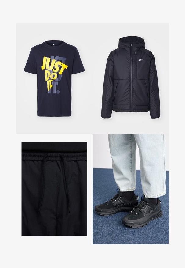 Juodas, paminkštintas Nike džemperis su priekyje užtrauktuku ir gobtuvu. Pasižymi balta logo kairėje krūtinės pusėje ir dviem priekinėmis kišenėmis. Su lygiu išoriniu paviršiumi.; Tamsiai mėlynas medvilninis marškinėlis su fraze "TIESIOG PADARYK." ryškiame geltoname ir pilkame šriftų sudaryme. Klasikinio apvalaus kaklo dizainas, trumpomis rankovėmis.; Juodos šortai su raišteliu juosmens srityje, lengva medžiaga su lygiu paviršiumi ir paprastas dizainas be matomų logotipų ar raštų.; Juodi sportiniai bateliai su tekstūruota medžiaga ir guminiais padais, su elastingomis raišteliais ir mėlynu akcentu ant kulno. Dėvimi su šviesiai mėlynomis džinsinėmis kelnėmis.
