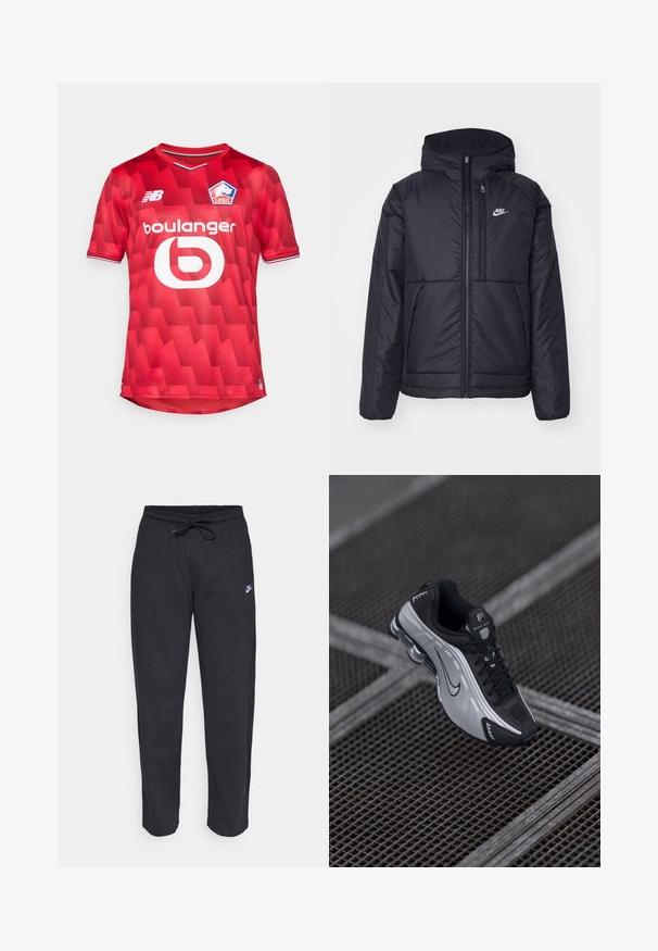 Melna, pufota Nike jaka ar priekšējo rāvējslēdzēju un kapuci. Iezīmēta ar baltu logotipu uz kreisās krūtis un divām priekšējām kabatām. Gluda ārējā tekstūra.; Sarkanas futbola krekls ar ģeometrisku rakstu, arapa kakla, īsām piedurknēm. Centrā ir izcelts balts logo un zīmola nosaukums uz pleca.; Melnas sporta bikses, kas izgatavotas no mīksta auduma, ar elastīgu jostu, auklu un mazu Nike logo uz kreisā augšstilba.; Nike sporta apavi ar melnu un sudraba dizainu. Izgatavoti no sintētiskā materiāla ar sieta akcentiem un atbalstošu zoli ar redzamu gaisa amortizāciju.