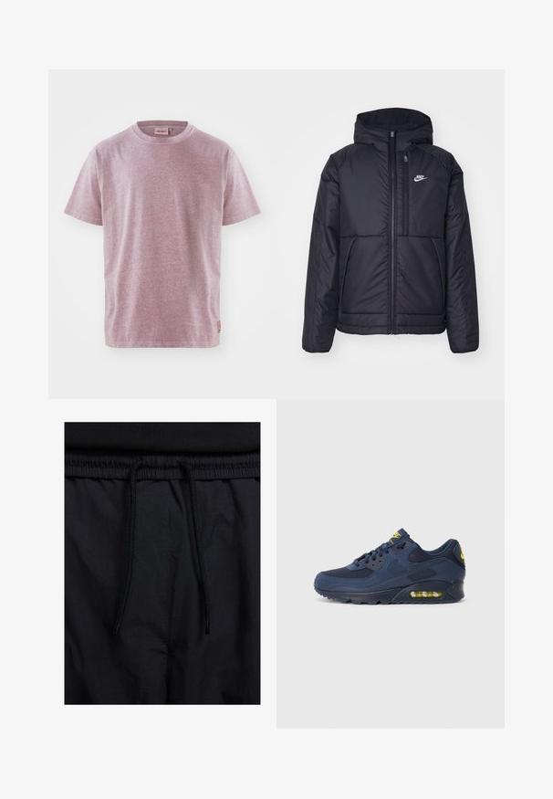 Sort, polstret Nike-jakke med frontlynlås og hætte. Har et hvidt logo på venstre bryst og to frontlommer. Glat ydre tekstur.; Kortærmet t-shirt i meleret lys pink stof, rund halsudskæring, med et lille logo-patch ved kanten. Blød tekstur.; Sorte shorts med snoretræk i taljen, letvægtsstof med en glat tekstur og et simpelt design uden synlige logoer eller mønstre.; Mørkeblå Nike Air Max sneakers med overdel i ruskind og mesh, med gule detaljer, snørelukning foran og synligt luftdæmpning i sålen.