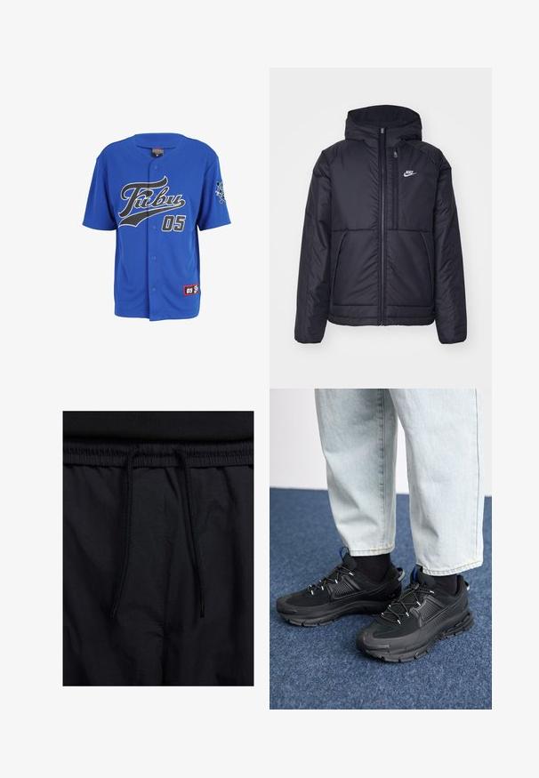 Must musta Nike jope, millel on ees lukuga avamine ja kapuuts. Vasakpoolne rind on kaunistatud valge logoga ning ees on kaks taskut. Sile välimine tekstuur.; Sinine lühikeste varrukatega jersei, millel on must kirjatüüp "FUBU", number "05" ning logo paigaldus vasakul varrukal.; Mustad lühikesed püksid, millel on paelaga vöökoht, kerge kangas, mis on sileda tekstuuriga ning lihtne disain ilma nähtavate logode või mustriteta.; Mustad mustad jooksukingad, millel on tekstureeritud kangas ja kummist tallad, elastsed nöörid ning sinine aksent kandadel. Kandmine heledate teksadega.