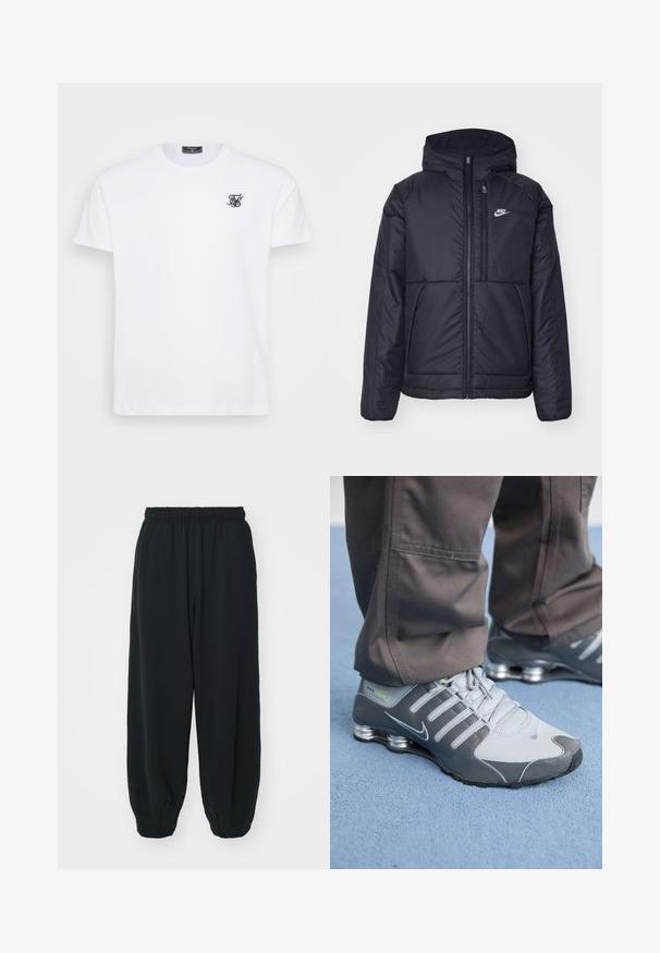 Μαύρο, επενδυμένο μπουφάν Nike με μπροστινό φερμουάρ και κουκούλα. Διαθέτει λευκό λογότυπο στο αριστερό στήθος και διπλές μπροστινές τσέπες. Λείο εξωτερικό υλικό.; Λευκό βαμβακερό T-shirt με στρογγυλή λαιμόκοψη. Διαθέτει ένα μικρό μαύρο κεντημένο λογότυπο στο στήθος. Κοντά μανίκια και ίσια γραμμή.; Μαύρες, φόρμες με ελαστική μέση και χαλαρή εφαρμογή, με ρεβέρ στους αστραγάλους, λεία υφή και χωρίς ορατά μοτίβα ή αξεσουάρ.; Γκρίζα και ασημένια αθλητικά παπούτσια Nike Shox με κομψό σχεδιασμό, από πλέγμα και συνθετικά υλικά, στρογγυλή μύτη και επενδεδυμένο κολάρο.