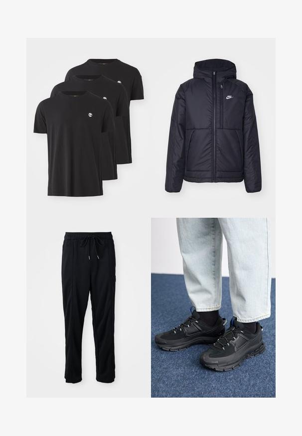 Casaco Nike preto, acolchoado, com fecho à frente e capuz. Apresenta um logo branco no lado esquerdo do peito e dois bolsos frontais. Textura exterior lisa.; Três t-shirts de algodão pretas com decote redondo, mangas curtas e um pequeno logotipo branco no lado esquerdo do peito. Textura suave e corte regular.; Calças casuais pretas com cordão na cintura, com bolsos laterais e corte reto, sobre um fundo simples.; Sapatilhas desportivas pretas com tecido texturizado e solas em borracha, apresentando atacadores elásticos e um detalhe azul no calcanhar. Usadas com calças de ganga claras.