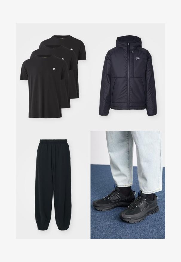 Černá zateplená bunda Nike s předním zipem a kapucí. Na levé straně hrudi má bílé logo a dvojité přední kapsy. Hladký povrch.; Tři černé bavlněné trička s kulatým výstřihem, krátkými rukávy a malým bílým logem na levém prsu. Hladká textura a klasický střih.; Černé teplákové kalhoty s elastickým pasem, volným střihem, manžetami na kotnících, hladkým povrchem a bez viditelných vzorů či kovových detailů.; Černé sportovní boty s texturovanou tkaninou a gumovou podrážkou, s elastickými tkaničkami a modrým akcentem na patě. Nosí se s světlými džíny.