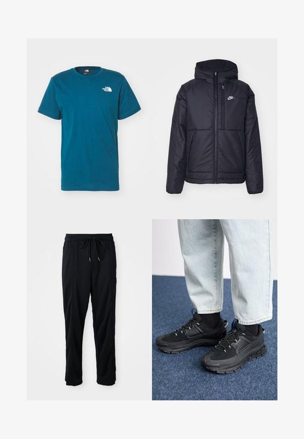 Chaqueta acolchada negra de Nike con cremallera frontal y capucha. Presenta un logo blanco en el lado izquierdo del pecho y dos bolsillos frontales. Textura exterior suave.; The North Face VERTICAL TEE - Camiseta estampada - midnight petrol; Pantalones casuales negros con cordón en la cintura, con bolsillos laterales y corte de pierna recta sobre un fondo liso.; Zapatillas deportivas negras con tejido texturizado y suelas de goma, con cordones elásticos y un acento azul en el talón. Combinadas con pantalones de mezclilla claros.