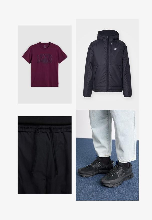 Svart, polstret Nike-jakke med frontglidelås og hette. Har en hvit logo på venstre bryst og doble frontlommer. Glatt ytterside.; Burgunder T-skjorte laget av bomull, med en stor, preget LEVI'S-logo på brystet. Klassisk rund hals og korte ermer.; Sorte shorts med snor i livet, lett stoff med en jevn tekstur, og et enkelt design uten synlige logoer eller mønstre.; Svarte sportssko med teksturert stoff og gummisåler, med elastiske lisser og en blå detalj på hælen. Brukt med lyse denimbukser.