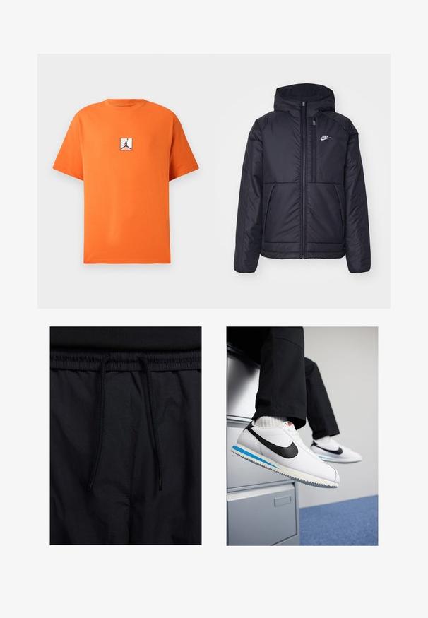 Juodas, paminkštintas Nike džemperis su priekyje užtrauktuku ir gobtuvu. Pasižymi balta logo kairėje krūtinės pusėje ir dviem priekinėmis kišenėmis. Su lygiu išoriniu paviršiumi.; Oranžinė medvilninė marškinėliai su apvalia iškirpte ir trumpomis rankovėmis. Krūtinėje yra juodas Jordan logotipas baltame kvadrate. Klasikinis siluetas.; Juodos šortai su raišteliu juosmens srityje, lengva medžiaga su lygiu paviršiumi ir paprastas dizainas be matomų logotipų ar raštų.; Baltos odinės sportbačiai su juodu Nike logotipu, šviesiai mėlyna ir pilka guma padais bei klasikiniu raištelių dizainu. Kojos remiasi į dokumentų spintą.