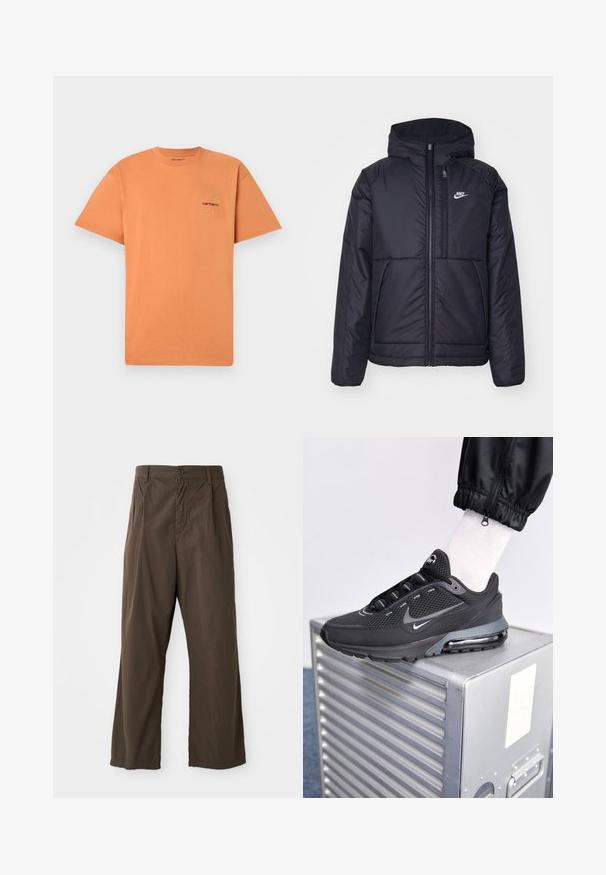 Černá zateplená bunda Nike s předním zipem a kapucí. Na levé straně hrudi má bílé logo a dvojité přední kapsy. Hladký povrch.; Oranžové bavlněné tričko s kulatým výstřihem a krátkými rukávy. Na hrudi se nachází malé vyšívané logo Carhartt v červené a žluté barvě.; Hnědé široké kalhoty vyrobené z bavlny s předním zapínáním na knoflík, poutky na pásek a hladkým matným povrchem.; Nike Sportswear PULSE - Tenisky - black/anthracite