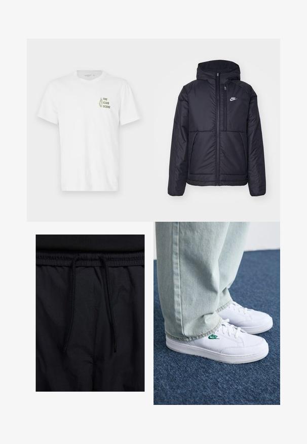 Svart, vadderad Nike-jacka med dragkedja framtill och huva. Har en vit logotyp på vänster bröst och dubbla framfickor. Slät yttextur.; Vit bomull t-shirt med texten "THE CLUB SCENE" i grönt, placerad på vänster bröstområde med en enkel rund hals.; Svarta shorts med dragsko i midjan, lättviktig tyg med en slät yta och en enkel design utan synliga logotyper eller mönster.; Vita lädersneakers med grön Nike-logga, rund tå, platt sula, kombinerade med ljusblå denimbyxor, visade på en blå matta.