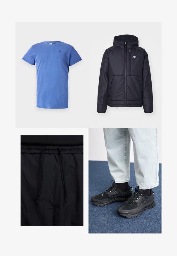 Černá zateplená bunda Nike s předním zipem a kapucí. Na levé straně hrudi má bílé logo a dvojité přední kapsy. Hladký povrch.; Modré bavlněné tričko s kulatým výstřihem, krátkými rukávy a malým logem potisknutým na hrudi. Jednoduchý, klasický design, hladká textura.; Černé šortky s páskem na šňůrku, lehký materiál s hladkou texturou a jednoduchý design bez viditelných log nebo vzorů.; Černé sportovní boty s texturovanou tkaninou a gumovou podrážkou, s elastickými tkaničkami a modrým akcentem na patě. Nosí se s světlými džíny.