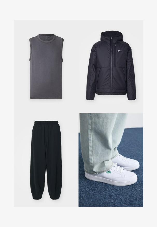 Must musta Nike jope, millel on ees lukuga avamine ja kapuuts. Vasakpoolne rind on kaunistatud valge logoga ning ees on kaks taskut. Sile välimine tekstuur.; Sleeveta hallikas särk ümmarguse kaelusega, valminud pehmest puuvillaste kangast. Omab puhtat ja minimalistlikku disaini ning sirget lõike äärtes.; Mustade elastse vöökoha ja laia lõikega dressipüksid, mansetiga sääred, sile tekstuur ning ilma nähtavate mustrite või detailideta.; Valged nahast tennisetossud rohelise Nike logo ja ümarate varvastega, lamedate taldadega, koos helesiniste teksapükstega, esitatud sinisel vaibal.