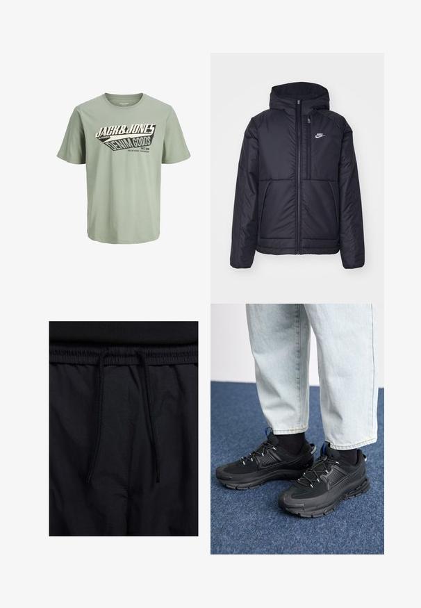 Sort, polstret Nike-jakke med frontlynlås og hætte. Har et hvidt logo på venstre bryst og to frontlommer. Glat ydre tekstur.; Lys grøn bomulds T-shirt med et sort-hvidt grafisk design, der inkluderer tekst. Rund hals, korte ærmer og lige kant.; Sorte shorts med snoretræk i taljen, letvægtsstof med en glat tekstur og et simpelt design uden synlige logoer eller mønstre.; Sorte træningssko med tekstureret stof og gummisåler, udstyret med elastiske snørebånd og en blå detalje på hælen. Bæres med lyse denimbukser.