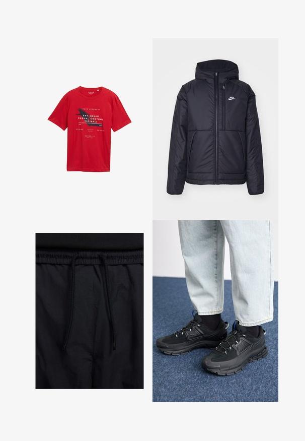 Musta, pehmustettu Nike-takki, jossa on etuvetoketju ja huppu. Vasemmassa rinnassa on valkoinen logo ja takissa on kaksinkertaiset etutaskut. Pintakoe on sileä.; Punainen puuvillapaita, jossa on lyhyet hihat, pyöreä kaula-aukko ja graafinen printti, jossa on mustavalkoinen teksti ja linnun kuvio.; Mustat shortsit, joissa on naru vyötäröllä, kevyestä kankaasta valmistettu, sileä tekstuuri ja yksinkertainen muotoilu ilman näkyviä logoja tai kuvioita.; Mustat urheilukengät, joissa on teksturoitu kangas ja kumipohjat, elastiset nauhat ja sininen yksityiskohta kannassa. Yhdistetty vaaleisiin farkkuihin.