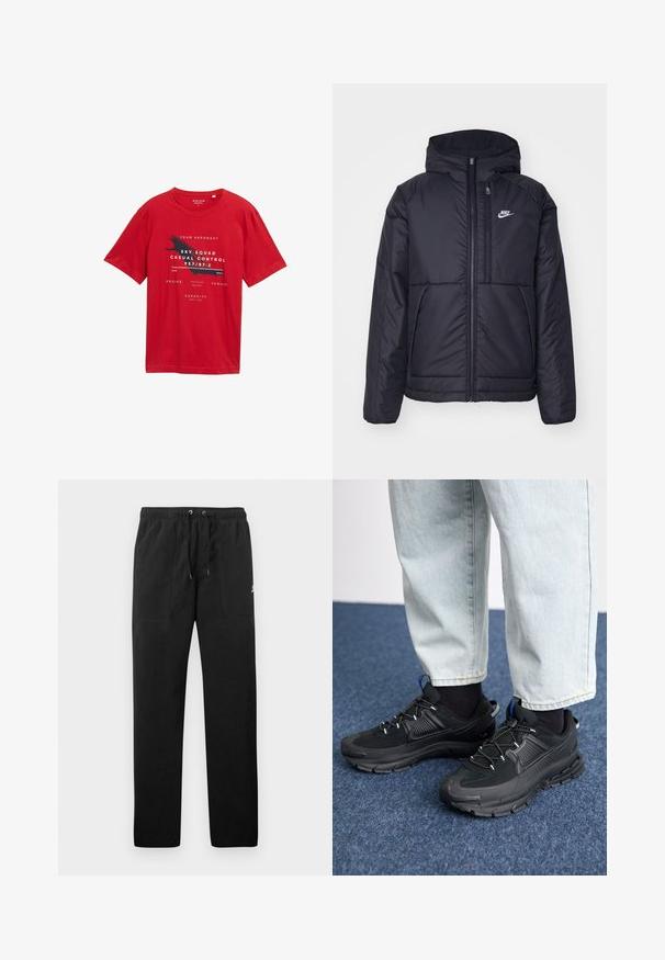 Schwarze, gepolsterte Nike-Jacke mit Frontreißverschluss und Kapuze. Hat ein weißes Logo auf der linken Brust und zwei Fronttaschen. Glattes äußeres Material.; Rotes Baumwoll-T-Shirt mit kurzen Ärmeln, Rundhalsausschnitt und grafischem Druck mit Text und einem Vogelmotiv in Schwarz und Weiß.; Schwarze Sweatpants aus Fleece, mit einem elastischen Bund mit Kordelzug, zwei Fronttaschen und einem kleinen Logo auf dem Oberschenkel.; Schwarze Sportschuhe aus strukturiertem Stoff mit Gummisohlen, ausgestattet mit elastischen Schnürsenkeln und einem blauen Akzent an der Ferse. Getragen mit hellen Jeans.