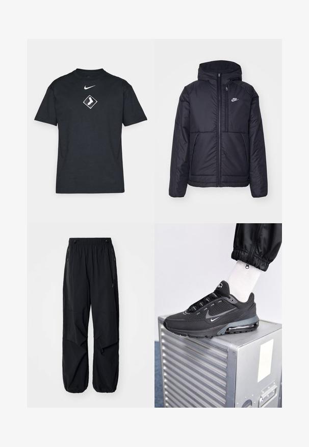 Chaqueta acolchada negra de Nike con cremallera frontal y capucha. Presenta un logo blanco en el lado izquierdo del pecho y dos bolsillos frontales. Textura exterior suave.; Camiseta de algodón negra de manga corta, con cuello redondo, que presenta un logo de Nike en blanco y un gráfico en forma de diamante con un diseño de calcetín blanco.; Pantalones cargo ligeros negros con cinturilla elástica, cremalleras laterales y bolsillos amplios. Presentan un corte holgado y puños ajustados.; Nike Sportswear PULSE - Zapatillas - black/anthracite