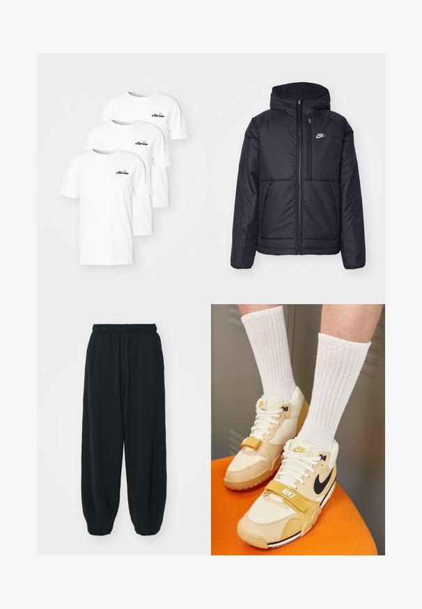 Schwarze, gepolsterte Nike-Jacke mit Frontreißverschluss und Kapuze. Hat ein weißes Logo auf der linken Brust und zwei Fronttaschen. Glattes äußeres Material.; Ellesse AZZINI 3 PACK - T-Shirt basic - white; Schwarze Sweatpants mit elastischem Bund, lockerer Passform, gerippten Beinabschlüssen, glatter Textur und ohne sichtbare Muster oder Hardware-Akzente.; Nike Sportschuhe aus beigem und cremefarbenem Leder, ausgestattet mit einem schwarzen Swoosh, weißen Schnürsenkeln, einem Klettverschluss und einer strukturierten Gummisohle.
