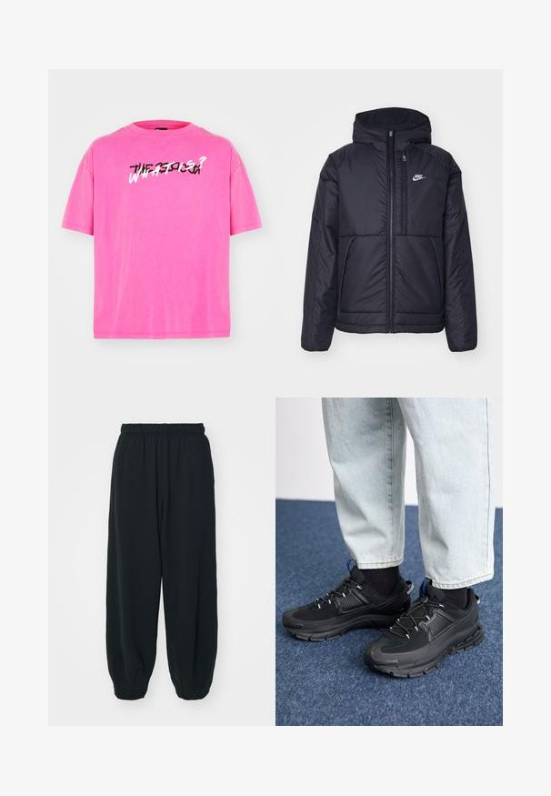 Črna, podložena Nike jakna z sprednjim zadrgo in kapuco. Ima bel logo na levem prsnem delu in dvojna sprednja žepa. Gladka zunanja tekstura.; Svetlo roza kratka majica z mehkega materiala. Na sprednji strani ima grafičen tisk v črno-beli barvi z napisom "KAJ JE?"; Črne, elastične hlače za prosti čas z ohlapnim krojem, manšetami na gležnjih, gladko teksturo in brez vidnih vzorcev ali dodatkov.; Črne športne čevlje z teksturirano tkanino in gumijastimi podplati, ki imajo elastične vezalke ter modre poudarke na peti. Nosi se z lahkimi denim hlačami.