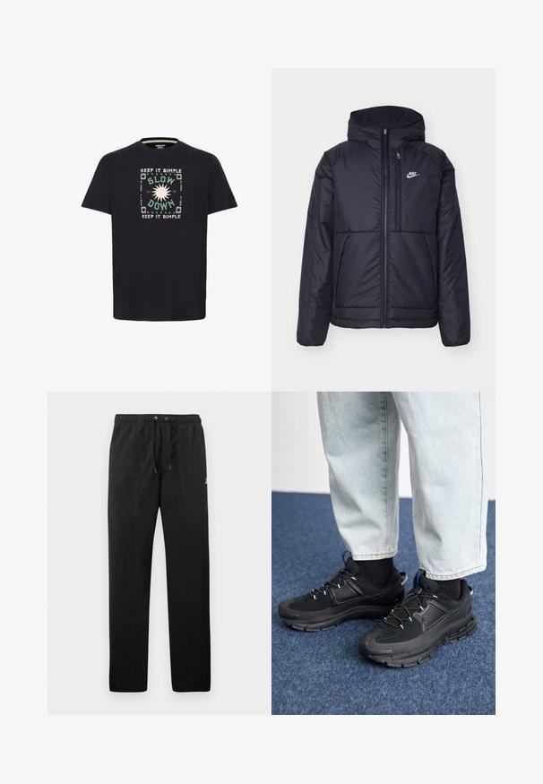 Svart, polstret Nike-jakke med frontglidelås og hette. Har en hvit logo på venstre bryst og doble frontlommer. Glatt ytterside.; Svart bomull t-skjorte med et fargerikt grafisk design som har teksten "KEEP IT SIMPLE" og "SLOW DOWN" omkranset av sirkulære mønstre.; Sorte joggebukser laget av fleece, med elastisk liv med snøring, to frontlommer og en liten logo på låret.; Svarte sportssko med teksturert stoff og gummisåler, med elastiske lisser og en blå detalj på hælen. Brukt med lyse denimbukser.