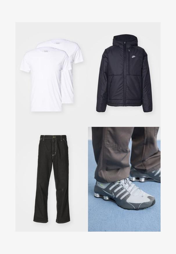Fekete, párnázott Nike dzseki elülső cipzárral és kapucnival. A bal mellen fehér logó található, valamint két elülső zseb. Simának tűnő külső felület.; Két fehér pamut póló rövid ujjakkal, kerek nyakkal és Lee márkajelzéssel a címkéken. Simaszerkezet, klasszikus szabás, további minták nélkül.; Fekete farmernadrág laza szabással, kontrasztos fehér varrással, gombos záródással és egyenes lábmegoldással.; Szürke és ezüst Nike Shox sportcipők elegáns dizájnnal rendelkeznek, hálós és szintetikus anyagokból készültek, lekerekített orral és párnázott gallérral.