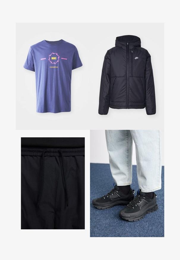 Casaco Nike preto, acolchoado, com fecho à frente e capuz. Apresenta um logo branco no lado esquerdo do peito e dois bolsos frontais. Textura exterior lisa.; T-shirt de algodão roxa com mangas curtas, apresentando um design gráfico ousado. Inclui "Nike" em amarelo dentro de um redemoinho rosa e detalhes em texto.; Calções pretos com um cós elástico ajustável, fabricados em tecido leve com uma textura suave e um design simples, sem logótipos ou padrões visíveis.; Sapatilhas desportivas pretas com tecido texturizado e solas em borracha, apresentando atacadores elásticos e um detalhe azul no calcanhar. Usadas com calças de ganga claras.