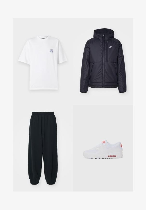 Svart, vadderad Nike-jacka med dragkedja framtill och huva. Har en vit logotyp på vänster bröst och dubbla framfickor. Slät yttextur.; Vit bomullströja med rund halsringning och korta ärmar. Har en liten blå logotyp på vänster bröst. Slät textur.; Svarta, elastiska sweatpants med lös passform, mudd vid anklarna, slät textur och utan synliga mönster eller detaljer i metall.; Vit atletisk sneaker med en slät överdel, snörning, vadderad sula och en synlig luftenhet med röda detaljer på varumärket.