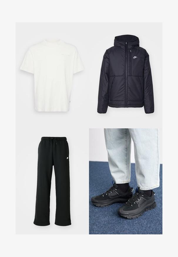 Must musta Nike jope, millel on ees lukuga avamine ja kapuuts. Vasakpoolne rind on kaunistatud valge logoga ning ees on kaks taskut. Sile välimine tekstuur.; Valge puuvillane T-särk ümmarguse kaelusega, lühikeste varrukatega ja väikese trükitud logoga ees. Omab mugavat lõiget ja sileda tekstuuri.; Mustad mustad, pehmest kangast, millel on elastne vöökoht koos reguleeritava nööriga ja väike logo aktsent külje peal.; Mustad mustad jooksukingad, millel on tekstureeritud kangas ja kummist tallad, elastsed nöörid ning sinine aksent kandadel. Kandmine heledate teksadega.