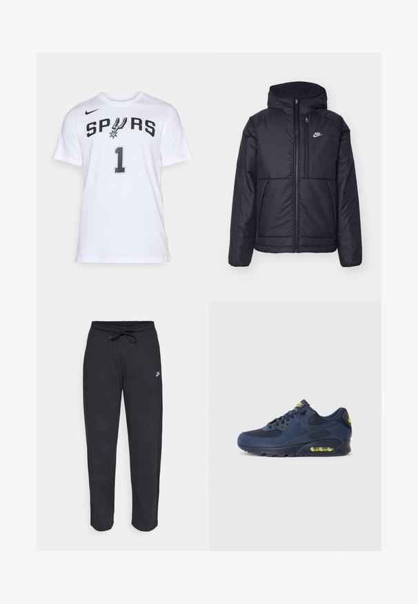 Μαύρο, επενδυμένο μπουφάν Nike με μπροστινό φερμουάρ και κουκούλα. Διαθέτει λευκό λογότυπο στο αριστερό στήθος και διπλές μπροστινές τσέπες. Λείο εξωτερικό υλικό.; Λευκό βαμβακερό μπλουζάκι με την ένδειξη "SPURS" και τον αριθμό "1" σε μαύρο, με λογότυπο στο επάνω αριστερό μέρος. Στρογγυλή λαιμόκοψη, κοντά μανίκια.; Μαύρες φόρμες από μαλακό ύφασμα με ελαστική μέση, κορδόνι και μικρό λογότυπο Nike στο αριστερό μηρό.; Ναυτικό μπλε Nike Air Max παπούτσια με σουέτ και διχτυωτό επάνω μέρος, με κίτρινες λεπτομέρειες, δέσιμο μπροστά και ορατή αεροστρώση στην σόλα.