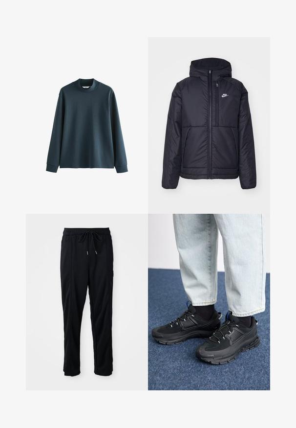Schwarze, gepolsterte Nike-Jacke mit Frontreißverschluss und Kapuze. Hat ein weißes Logo auf der linken Brust und zwei Fronttaschen. Glattes äußeres Material.; Dunkelblaues Langarm-Sweatshirt mit hohem Kragen, aus glattem Material. Hat überschnittene Schultern und gerippte Bündchen. Schlichtes Design, ohne Muster.; Schwarze lässige Hosen mit Kordelzug und seitlichen Eingrifftaschen sowie geradem Bein auf einem einfarbigen Hintergrund.; Schwarze Sportschuhe aus strukturiertem Stoff mit Gummisohlen, ausgestattet mit elastischen Schnürsenkeln und einem blauen Akzent an der Ferse. Getragen mit hellen Jeans.